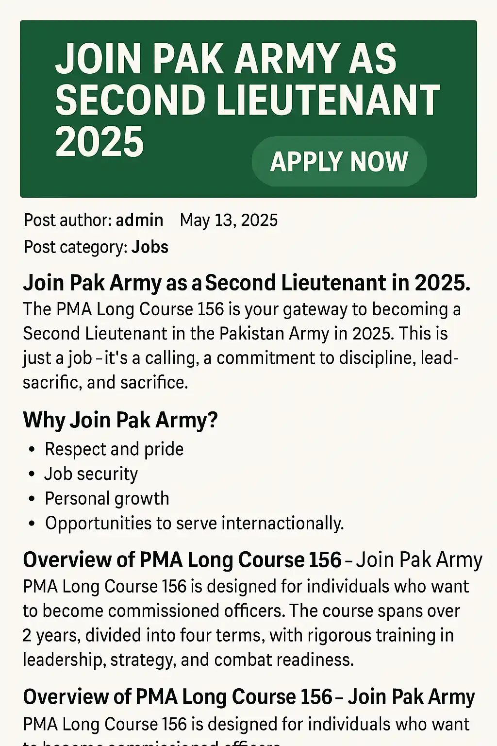 Join Pak Army as Second Lieutenant 2025